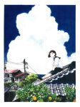  1girl absurdres architecture between_legs black_hair border building cloud day east_asian_architecture fuyuno_kamome hair_ornament hairclip hand_between_legs highres loafers on_roof original outdoors power_lines rooftop scenery school_uniform serafuku shoes short_hair sky socks solo tree white_border white_legwear 