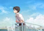  1boy blue_sky brown_hair brown_pants cloud collared_shirt commentary crossed_arms dango_(uni_520) earbuds earphones from_side ikari_shinji leaning_on_rail looking_away male_focus neon_genesis_evangelion ocean open_collar outdoors pants profile railing school_uniform shirt short_hair short_sleeves sky skyline solo white_shirt 