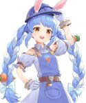  1girl animal_ear_fluff animal_ears bangs blue_dress blue_hair blush braid bunny-shaped_pupils bunny_ears carrot_hair_ornament carrot_print clothing_cutout collar commentary_request construction_worker dress food-themed_hair_ornament food_print gloves golden_carrot hair_ornament helmet highres hikimayu hololive long_hair multicolored_hair nano_(mianhua_maoqiu) rabbit_girl short_eyebrows shoulder_cutout smile solo swept_bangs teeth thick_eyebrows twin_braids twintails two-tone_hair usada_kensetsu usada_pekora virtual_youtuber white_background white_hair 