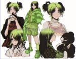  1girl artist_name bangs billie_eilish black_hair commentary criis-chan danganronpa:_trigger_happy_havoc danganronpa_(series) double_bun english_commentary green_hair hair_over_one_eye holding holding_microphone jacket jewelry long_hair long_sleeves looking_at_viewer microphone monokuma multicolored_hair multiple_views necklace real_life shirt shorts simple_background smile two-tone_hair 