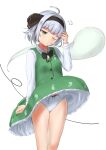  1girl ahoge arm_up bow bow_panties flying_sweatdrops green_eyes green_skirt green_vest hairband hand_in_hair highres hitodama konpaku_youmu konpaku_youmu_(ghost) kubure one_eye_closed panties ribbon shirt short_hair silver_hair simple_background skirt solo touhou underwear vest white_background white_panties white_shirt wind wind_lift 