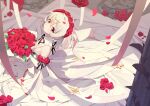  1girl :&gt; absurdres aiee bouquet breasts bride chinese_commentary cleavage commentary_request cross detached_collar dress elbow_gloves flower from_above gloves hair_flower hair_ornament highres holding holding_bouquet honkai_(series) honkai_impact_3rd looking_at_viewer looking_back looking_up petals red_flower red_rose rose short_hair sitting sleeveless sleeveless_dress smile solo theresa_apocalypse theresa_apocalypse_(luna_kindred) wedding_dress white_dress white_gloves white_hair 