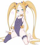  1girl abigail_williams_(fate) bandaid bandaid_on_forehead bangs bare_shoulders barefoot blonde_hair blue_eyes blush bow commentary_request crossed_bandaids fate/grand_order fate_(series) flat_chest full_body hair_bow heart highres leg_garter leotard long_hair looking_at_viewer multiple_bows multiple_hair_bows neck_garter orange_bow parted_bangs purple_bow purple_leotard senbei_(avocadochaya) sidelocks single_thighhigh sitting smile solo thighhighs twintails uneven_legwear very_long_hair wariza 