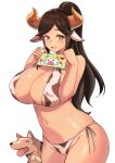  1girl animal animal_ears animal_print asymmetrical_bangs bangs bare_arms bikini blush breasts brown_hair card constantia_s2 cow_ears cow_girl cow_horns cow_print curvy dog eyebrows_visible_through_hair green_eyes groin heart heart-shaped_pupils highres holding holding_card horns huge_breasts last_origin long_hair looking_at_viewer navel no_eyewear open_mouth pagong ponytail shadow side-tie_bikini simple_background smile string_bikini swimsuit symbol-shaped_pupils white_background 
