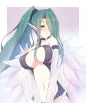  1girl bare_shoulders breasts brown_eyes circlet cleavage commentary cowboy_shot duel_monster feathered_wings feathers green_hair hair_over_one_eye harpie_queen harpy highres large_breasts long_hair monster_girl mosu_(korikan) navel pointy_ears ponytail revealing_clothes solo stomach winged_arms wings yu-gi-oh! 