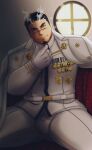  1boy bara black_hair bulge facial_hair forked_eyebrows goatee head_tilt highres jacket jacket_on_shoulders looking_at_viewer male_focus mature_male medal military military_uniform muscular muscular_male scar scar_on_face scar_on_nose short_hair sideburns smile solo spread_legs thick_thighs thighs tokyo_houkago_summoners torikara_(torikarasan10) undercut uniform yoritomo_(tokyo_houkago_summoners) 