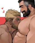  2boys abs arm_hair bara beard between_pectorals black_hair blonde_hair blush chest_hair completely_nude couple facial_hair from_side head_between_pecs highres jang_ju_hyeon large_pectorals male_focus mature_male multiple_boys muscular muscular_male nipples nude old old_man original pectoral_kiss pectorals scar scar_across_eye scar_on_face scar_on_nose short_hair thick_eyebrows upper_body yaoi 
