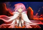  1girl alternate_costume artist_request ashes cape cloak commentary crying crying_with_eyes_open destruction dress embers eyebrows_visible_through_hair fate/grand_order fate_(series) fire floating_hair flower hair_flower hair_ornament hair_over_one_eye highres hood hood_down hooded_cloak long_sleeves looking_at_viewer mash_kyrielight night night_sky official_alternate_costume open_mouth outdoors pink_eyes pink_flower pink_hair sad short_hair sky solo tears white_cloak white_dress wide_sleeves 