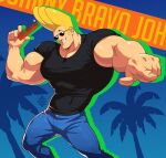  1boy bara biceps black_shirt blonde_hair comb denim feet_out_of_frame jeans johnny_bravo johnny_bravo_(series) large_pectorals long_sideburns male_cleavage male_focus muscular muscular_male pants pectorals pointing pointing_at_viewer shirt short_hair sideburns smirk solo sunglasses tight tight_shirt western xelgot 