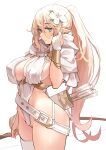  1girl arrow_(projectile) bangs belt blonde_hair blue_eyes blush bow_(weapon) bracer breasts cleavage commentary elf flower hair_flower hair_ornament highres kekemotsu large_breasts long_hair looking_at_viewer original pointy_ears ponytail quiver sidelocks solo thighs very_long_hair weapon 