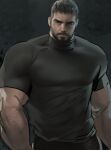  1boy arm_hair bara beard black_shirt chest_hair chris_redfield cowboy_shot facial_hair highres jang_ju_hyeon large_pectorals looking_at_viewer male_focus mature_male muscular muscular_male mustache original pectorals resident_evil resident_evil_5 shirt short_hair solo thick_eyebrows undercut 