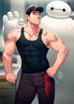  1boy alternate_pectoral_size android bara bare_shoulders baseball_cap baymax big_hero_6 black_hair black_tank_top brown_eyes brown_pants bulge contrapposto covered_abs hat looking_at_viewer male_cleavage male_focus muscular muscular_male pants pectorals short_hair sideburns sidepec smile smug solo tadashi_hamada tank_top xelgot 