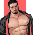  1boy abs arm_hair bara bare_pectorals beard blush chest_hair facial_hair highres jang_ju_hyeon large_pectorals male_focus mature_male muscular muscular_male mustache nipples open_clothes open_shirt original pectorals short_hair solo stomach thick_eyebrows upper_body 