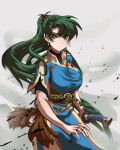  1girl bangs blue_dress dress earrings fire_emblem fire_emblem:_the_blazing_blade furrowed_brow green_eyes green_hair highres jewelry katana long_hair looking_at_viewer lyn_(fire_emblem) ponytail ramennoodllez rope_belt sword weapon wind 