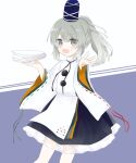  1girl arm_up bangs black_neckwear blue_headwear blue_skirt blush eyebrows_visible_through_hair eyes_visible_through_hair grey_eyes grey_hair hair_between_eyes hands_up hat highres japanese_clothes kariginu long_sleeves looking_at_viewer medium_hair mononobe_no_futo multicolored multicolored_background open_mouth plate pom_pom_(clothes) ponytail purple_background shirt skirt smile solo standing touhou umi_(nana_spring) white_background white_shirt white_sleeves wide_sleeves 