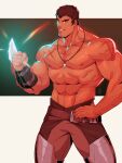 1boy abs bara black_hair cross_scar dark-skinned_male dark_skin davion_(dota:dragon&#039;s_blood) dota:dragon&#039;s_blood facial_hair feet_out_of_frame glowing glowing_weapon goatee large_pectorals looking_at_viewer male_focus mature_male muscular muscular_male navel navel_hair nipples pectorals scar scar_on_chest shirtless short_hair solo stomach stubble thick_thighs thighs tooth_necklace weapon xelgot 