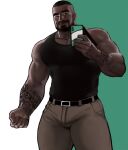  1boy arm_hair bara beard black_tank_top blush bulge chest_hair dark-skinned_male dark_skin facial_hair feet_out_of_frame highres holding holding_phone jang_ju_hyeon large_pectorals looking_at_viewer male_cleavage male_focus mature_male muscular muscular_male original pectorals phone selfie short_hair sidepec solo tank_top thick_eyebrows thick_thighs thighs very_dark_skin 