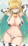  1girl :p absurdres ahoge animal_ears animal_print arms_behind_head arms_up bangs bell bikini blonde_hair breasts choker closed_mouth collarbone colored_inner_hair cow_ears cow_horns cow_print cow_tail cowbell curvy ear_tag elbow_gloves elf elven_forest_maker eyebrows_visible_through_hair gloves green_eyes green_hair hair_between_eyes highres horns large_breasts last_origin long_hair multicolored_hair nahanmin navel neck_bell pointy_ears smile solo star-shaped_pupils star_(symbol) swimsuit symbol-shaped_pupils tail thigh_gap thighhighs thighs tongue tongue_out two-tone_hair very_long_hair 