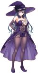  1girl asami_asami bangs black_hair breasts covered_navel dress elbow_gloves full_body gloves hand_on_hip hat high_heels huge_breasts long_hair official_art okayu_seira photoshop_(medium) pointy_footwear purple_eyes role_player:_okayu_shimai_no_nenmaku_potrait_-_gurigucha_live! solo standing strappy_heels tachi-e witch_hat 