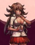  1girl aoki_(fumomo) bangs beige_background blush breasts brown_eyes brown_hair cleavage collarbone commentary_request cowboy_shot cup danganronpa_(series) danganronpa_2:_goodbye_despair disposable_cup food food_on_face grin holding holding_cup holding_food large_breasts long_hair miniskirt owari_akane pleated_skirt purple_background red_skirt shiny shiny_skin shirt skirt sleeves_folded_up smile solo white_shirt 