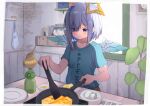  1girl amane_kanata ame. bangs black_skirt blue_hair blue_shirt blue_wings closed_mouth clothes_writing collarbone commentary_request cooking day egg eggshell eyebrows_visible_through_hair eyes_visible_through_hair feathered_wings frying_pan grey_hair hair_over_one_eye highres himemori_luna holding hololive indoors kiryu_coco mini_wings multicolored_hair photo_(object) plate purple_eyes shirt short_sleeves skirt smile solo spatula sunlight tokoyami_towa translation_request tsunomaki_watame two-tone_hair virtual_youtuber white_wings window wings 