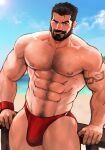  1boy abs arm_hair bara bare_pectorals beard bulge chest_hair cigar facial_hair graves_(league_of_legends) highres jang_ju_hyeon large_pectorals league_of_legends male_focus male_swimwear mature_male muscular muscular_male navel navel_hair nipples official_alternate_costume pectorals pubic_hair pubic_hair_peek red_male_underwear reward_available short_hair smoking solo stomach swim_briefs thick_eyebrows thick_thighs thighs 