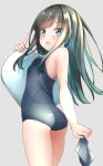  1girl asashio_(kancolle) ass bangs black_hair black_swimsuit blue_eyes blush breasts comah commentary_request competition_school_swimsuit cowboy_shot eyebrows_visible_through_hair from_behind grey_background highres holding holding_clothes kantai_collection kickboard long_hair looking_at_viewer looking_back one-piece_swimsuit open_mouth school_swimsuit simple_background small_breasts solo swimsuit towel 
