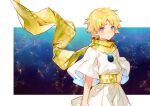  1boy baggy_clothes bangs blonde_hair blue_eyes chocoan fate/requiem fate_(series) highres looking_at_viewer male_focus open_mouth parted_bangs scarf shirt short_hair sky solo star_(sky) starry_sky voyager_(fate) white_background white_shirt yellow_scarf 