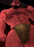  1boy abs arm_hair bara beard blush bulge chest_hair club colored_sclera colored_skin completely_nude demon_boy demon_horns embers facial_hair fangs from_below hairy highres horns jang_ju_hyeon large_pectorals leg_hair loincloth looking_at_viewer male_cleavage male_focus mature_male monster_boy muscular muscular_male navel navel_hair nipples nude oni original panther_print pectorals print_male_underwear red_oni red_skin short_hair skin-covered_horns solo stomach thick_eyebrows thick_thighs thighs underwear underwear_only weapon yellow_sclera 