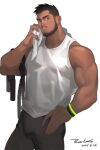  1boy bara beard bulge dark-skinned_male dark_skin facial_hair grey_legwear gym_uniform hand_on_hip large_pectorals leggings looking_at_viewer male_focus mature_male muscular muscular_male original pectorals powerlesssong short_hair sidepec solo tank_top white_tank_top 