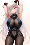  1girl aegir_(azur_lane) armpits arms_behind_head arms_up ass_visible_through_thighs azur_lane bangs bare_arms blush bodystocking breast_curtains breasts brown_eyes chinese_commentary cleavage commentary_request covered_navel cowboy_shot demon_horns hair_between_eyes highres horns large_breasts long_hair looking_at_viewer maruko_le multicolored_hair parted_lips red_hair signature simple_background solo standing streaked_hair twitter_username very_long_hair white_background white_hair 