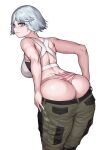  1girl ass bare_shoulders bent_over breasts cinko clothes_pull commentary from_behind highres iana_(rainbow_six) large_breasts looking_at_viewer looking_back panties pants pants_pull pout rainbow_six_siege short_hair silver_eyes silver_hair simple_background solo striped striped_panties toned underwear white_background 