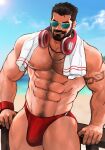  1boy abs arm_hair bara bare_pectorals beard bulge chest_hair facial_hair graves_(league_of_legends) headphones headphones_around_neck highres jang_ju_hyeon large_pectorals league_of_legends male_focus male_swimwear mature_male muscular muscular_male navel navel_hair nipples official_alternate_costume pectorals pubic_hair pubic_hair_peek red_male_underwear reward_available short_hair solo stomach sunglasses swim_briefs thick_eyebrows thick_thighs thighs 