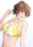  1girl bangs bare_shoulders breasts brown_eyes brown_hair cleavage collarbone dutch_angle hand_up hibike!_euphonium highres matebashi medium_breasts medium_hair open_mouth oumae_kumiko ponytail solo swimsuit white_background 