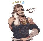  1boy bara bare_shoulders beard blush brown_hair covered_abs detached_sleeves eugen_(granblue_fantasy) eyepatch facial_hair granblue_fantasy highres long_sleeves male_cleavage male_focus mature_male midriff_peek muscular muscular_male mustache pectorals rybiokaoru short_hair sidepec smile solo upper_body 