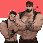  2boys abs arm_hair bara bare_pectorals bare_shoulders beard blush chest_hair cropped_jacket crossed_arms eyebrow_cut facial_hair highres jang_ju_hyeon large_pectorals leaning_on_person male_focus mature_male multiple_boys muscular muscular_male navel navel_hair nipples original pectorals scar scar_on_chest scar_on_face scar_on_nose short_hair size_difference sleeveless sleeveless_jacket stomach thick_eyebrows upper_body yaoi 