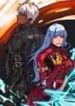  1boy 1girl belt blue_hair bodysuit breasts eyebrows_visible_through_hair gloves highres jacket k&#039; kula_diamond leather leather_jacket long_hair looking_at_viewer medium_breasts purple_eyes simple_background smile syachiiro tan the_king_of_fighters white_hair 