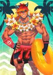  1boy abs animal_request bara black_male_swimwear blonde_hair blue-framed_eyewear clothes_around_waist dark-skinned_male dark_skin feet_out_of_frame flower gradient_hair highres innertube league_of_legends male_focus male_swimwear multicolored_hair muscular muscular_male navel nipples official_alternate_costume orange_hair pectorals reward_available sett_(league_of_legends) shirt shirt_around_waist short_hair solo standing stomach sunglasses swim_trunks tan xelgot 