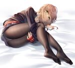  1girl ass bangs bed_sheet black_legwear black_shirt collared_shirt ginklaga green_eyes gridman_universe hugging_own_legs long_hair long_sleeves looking_at_viewer lying minami_yume miniskirt no_shoes on_side panties panties_under_pantyhose pantyhose pleated_skirt shirt skirt sleeves_past_wrists solo ssss.dynazenon underwear white_shirt 