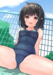  1girl ass bangs bare_arms bare_shoulders black_hair blue_swimsuit blurry blurry_background blush breasts chaostein commentary_request covered_navel day depth_of_field drooling eyebrows_visible_through_hair fence granblue_fantasy highres looking_at_viewer medium_breasts mouth_drool old_school_swimsuit one-piece_swimsuit open_mouth outdoors red_eyes school_swimsuit solo spread_legs swimsuit vikala_(granblue_fantasy) wavy_mouth 