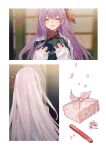  bangs bb_(fate) bb_(fate)_(all) cherry_blossoms chocoan closed_eyes coat fate_(series) highres long_hair long_sleeves lunchbox open_mouth petals purple_hair red_ribbon ribbon sleeves_past_wrists smile white_coat white_hair 