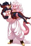  2girls absurdres android_21 ass baggy_pants black_hair black_sclera blush breasts carrying colored_sclera colored_skin crossover dinortista dragon_ball dragon_ball_fighterz ear_piercing full_body highres kill_la_kill majin_android_21 matoi_ryuuko multicolored_hair multiple_girls nose_blush pants piercing pink_skin princess_carry red_eyes red_hair senketsu shrug_(clothing) simple_background standing streaked_hair sweatdrop symbol_commentary thighhighs underboob white_background white_hair white_pants yuri 