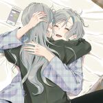  2girls absurdres bang_dream! bed commentary_request happy highres hikawa_hina hikawa_sayo hug incest korean_commentary laughing long_hair messy_hair multiple_girls pajamas short_hair siblings sisters twincest twins yuri zihacheol 