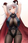  1girl aegir_(azur_lane) armpits arms_behind_head arms_up ass_visible_through_thighs azur_lane bangs bare_arms blush bodystocking breast_curtains breasts brown_eyes cape chinese_commentary cleavage commentary_request covered_navel cowboy_shot demon_horns hair_between_eyes highres horns large_breasts long_hair looking_at_viewer maruko_le multicolored_hair parted_lips red_cape red_hair signature simple_background solo standing streaked_hair twitter_username white_background white_hair 