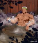 1boy abs alternate_pectoral_size bara blush convenient_censoring dark-skinned_male dark_skin earrings flaccid green_hair highres jewelry kimakkun large_pectorals looking_at_viewer male_focus muscular muscular_male navel nipples one_piece onsen pectorals penis reward_available roronoa_zoro scar scar_across_eye scar_on_chest see-through short_hair sideburns single_earring smile solo spread_legs steam steam_censor stomach thick_thighs thighs towel towel_on_head 