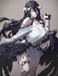  1girl albedo_(overlord) bangs bare_shoulders belt black_feathers black_hair black_wings blush breasts cleavage collarbone demon_girl demon_horns fajyobore feathered_wings highres horns jewelry large_breasts long_hair long_sleeves looking_at_viewer low_wings necklace off-shoulder_shirt off_shoulder overlord_(maruyama) shirt smile solo thighs very_long_hair white_shirt wings yellow_eyes 