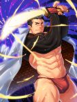  1boy abs ass bara biceps black_hair bulge facial_hair fighting_stance forked_eyebrows fundoshi glowing glowing_sword glowing_weapon goatee highres holding holding_sword holding_weapon jacket jacket_on_shoulders japanese_clothes male_focus mature_male muscular muscular_male navel nipples no_pants pointy_ears red_male_underwear scar scar_on_face scar_on_nose short_hair shrug_(clothing) sideburns skin_tight smirk solo standing stomach sword tepen_(tptptpn) thick_thighs thighs tokyo_houkago_summoners undercut weapon wind yoritomo_(tokyo_houkago_summoners) 