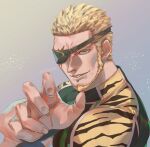  1boy absurdres animal_print blonde_hair claw_pose cry_sinkai eyepatch facial_hair goatee green_eyes highres looking_at_viewer muscular ramon_(kof) short_hair signature simple_background smile the_king_of_fighters tiger_print upper_body 