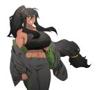  1girl bangs bare_shoulders black_hair breasts commentary_request commission commissioner_upload crop_top dark-skinned_female dark_skin eyebrows_visible_through_hair green_eyes grin highres jacket jacket_removed korean_commentary large_breasts long_hair long_pants midriff navel open_mouth original pants pinkboy ponytail shiny shiny_skin sidelocks simple_background sleeveless smile solo sweat teeth toned white_background 
