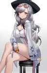  1girl absurdres azur_lane bangs bare_legs black_headwear breasts cleavage commentary_request crossed_legs cup drinking_glass dunkerque_(afternoon_aphrodite)_(azur_lane) dunkerque_(azur_lane) eternity_(shadeh) eyewear_on_head feet_out_of_frame gradient gradient_background grey_background highres holding holding_cup jacket large_breasts long_hair long_sleeves looking_at_viewer open_clothes open_jacket pink_eyes shirt silver_hair sitting smile solo stool sunglasses thighs white_background white_jacket white_shirt 